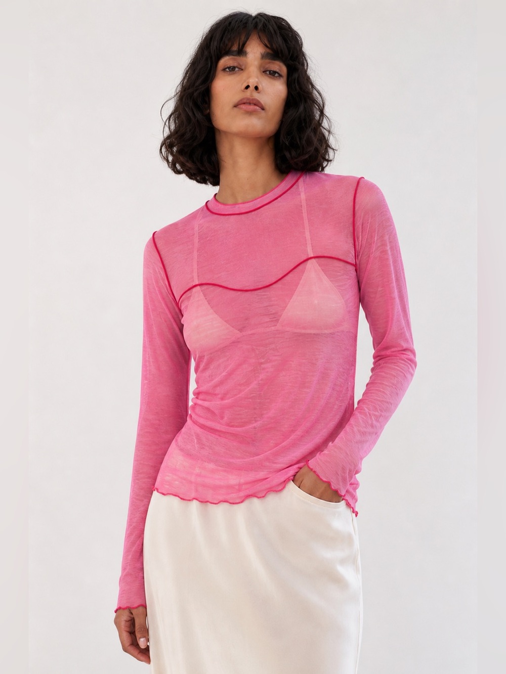 Sheer Long-Sleeve Pink Mesh Top